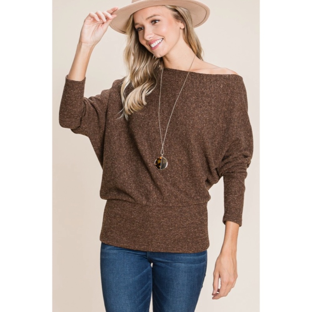 SOLD OUT Brown Solid Ribbed Off Shoulder Dolman Sweater - Picture 6 of 6